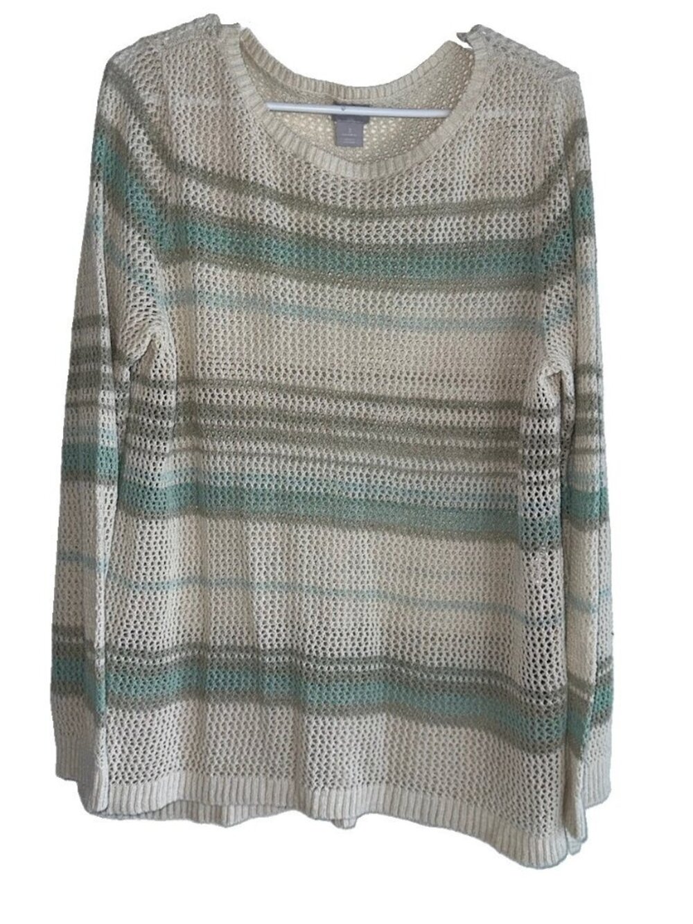 Chicos Womens Open Knit Sweater Sz 3 Or XL Ivory Blue Stripe Beach Boho Coastal